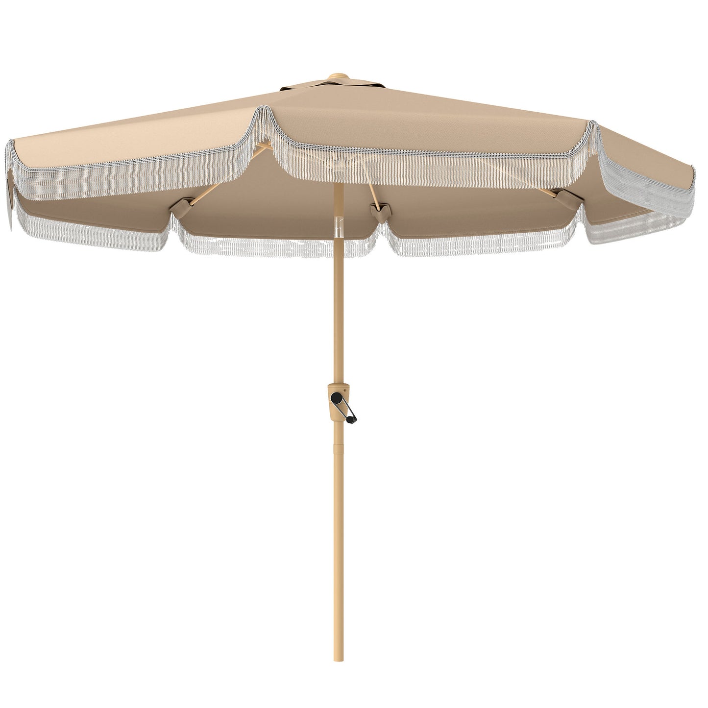 9 ft Patio Umbrella with Push Button Tilt and Crank, Fringed Outdoor Market Table Umbrella Parasol, Khaki