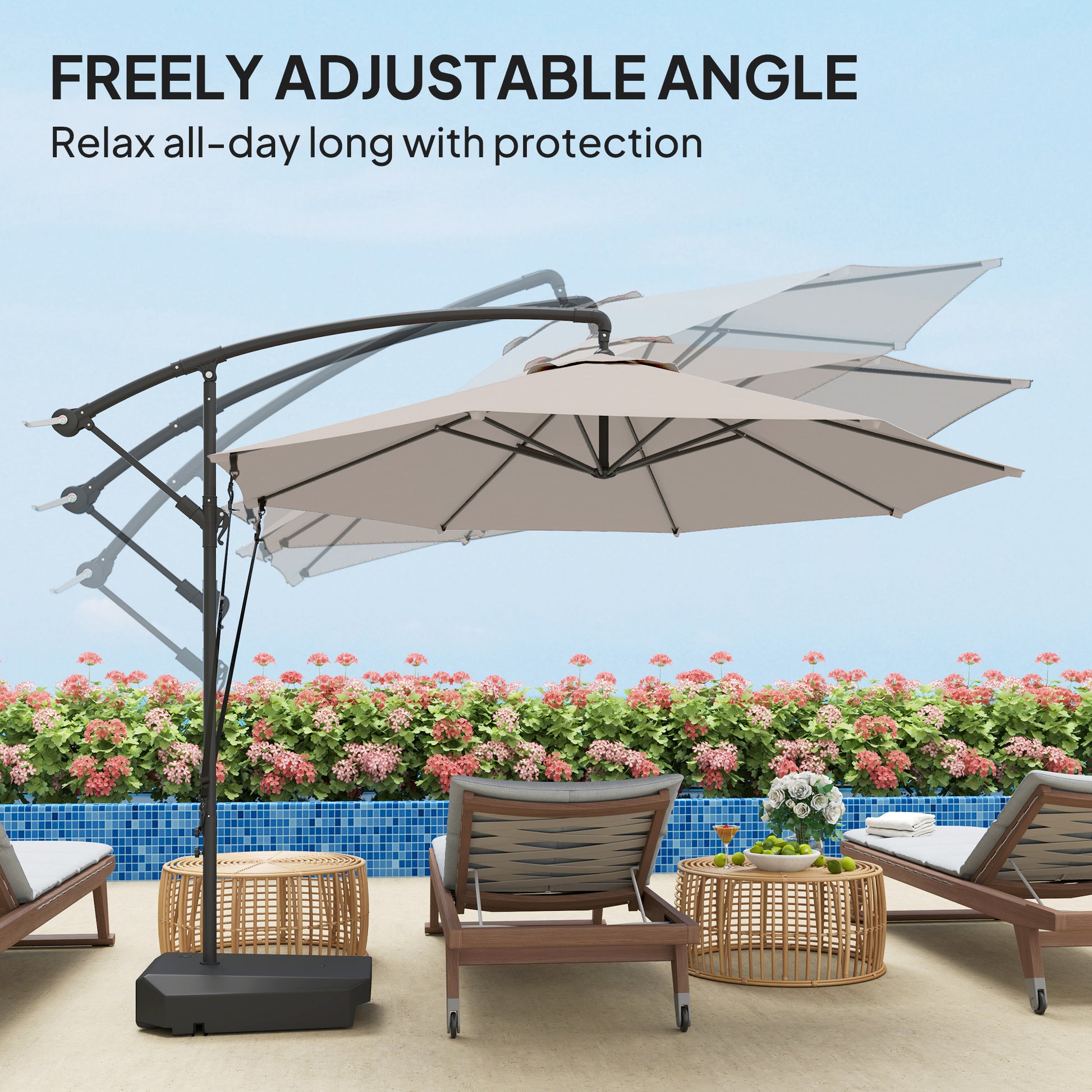 10FT Cantilever Umbrella with Fillable Base, Wind Strap and Cover, Offset Hanging Umbrella with Crank, Cream White