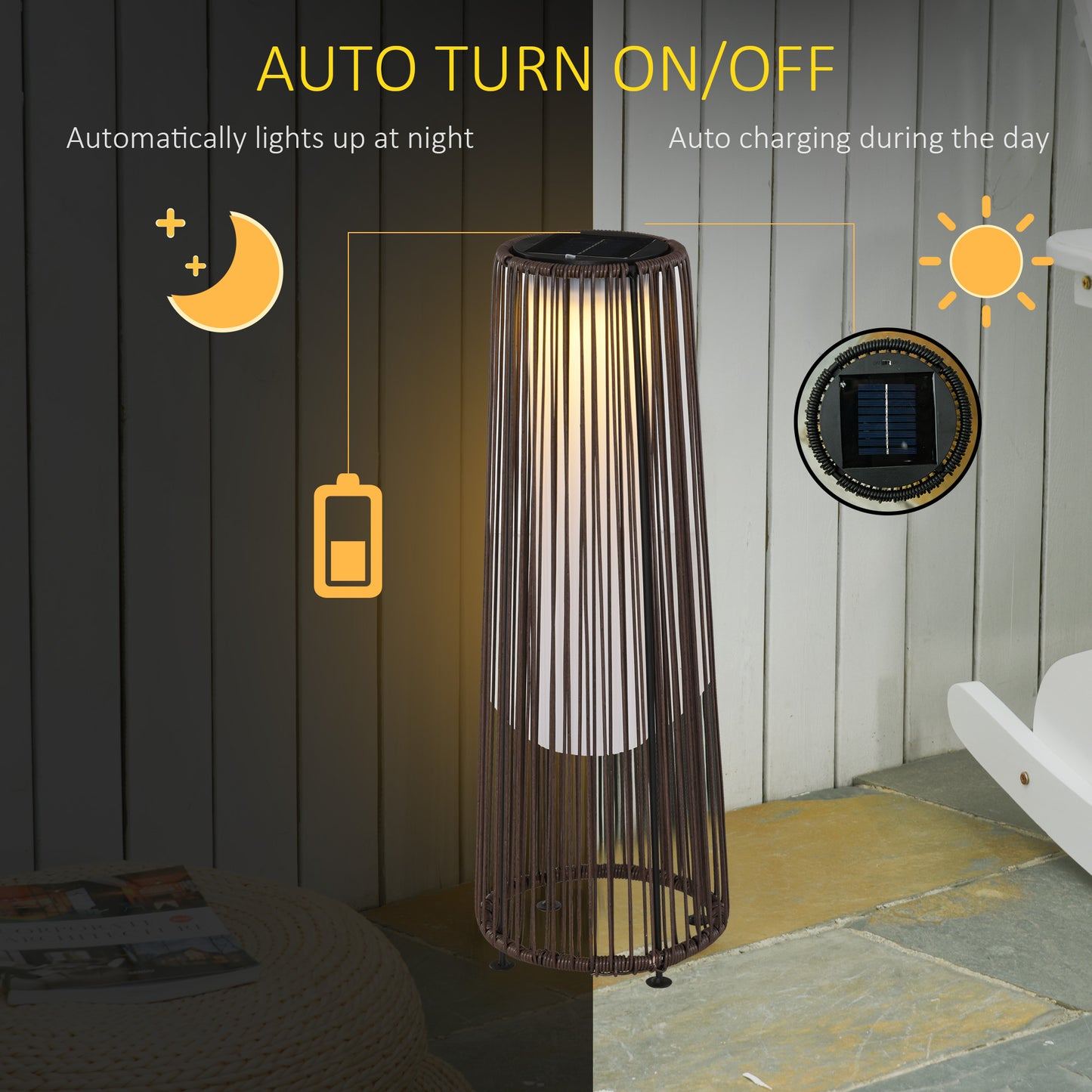Wicker Solar Floor Lamp, Decorative Outdoor Lamp with Auto On/Off LED Light, IP44 for Patio, Porch, Pathway, Brown