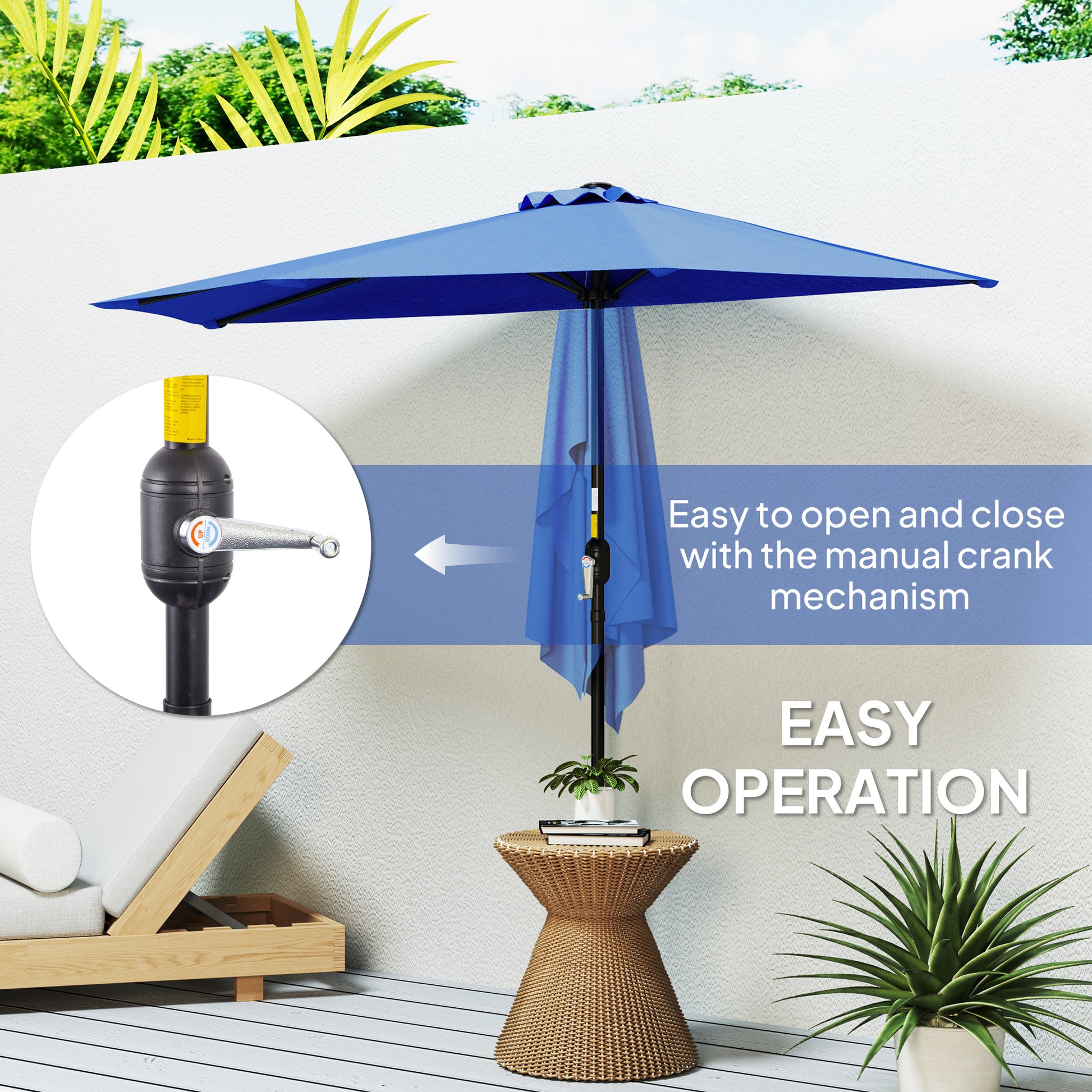 9ft Half Round Umbrella Outdoor Patio Garden Balcony Parasol Window Sun Shade w/ 5 Ribs, Deep Blue