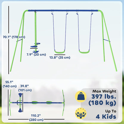 3 in 1 Metal Swing Set with Double Swings, Glider for Backyard, Outdoor, Playgroundt, Green