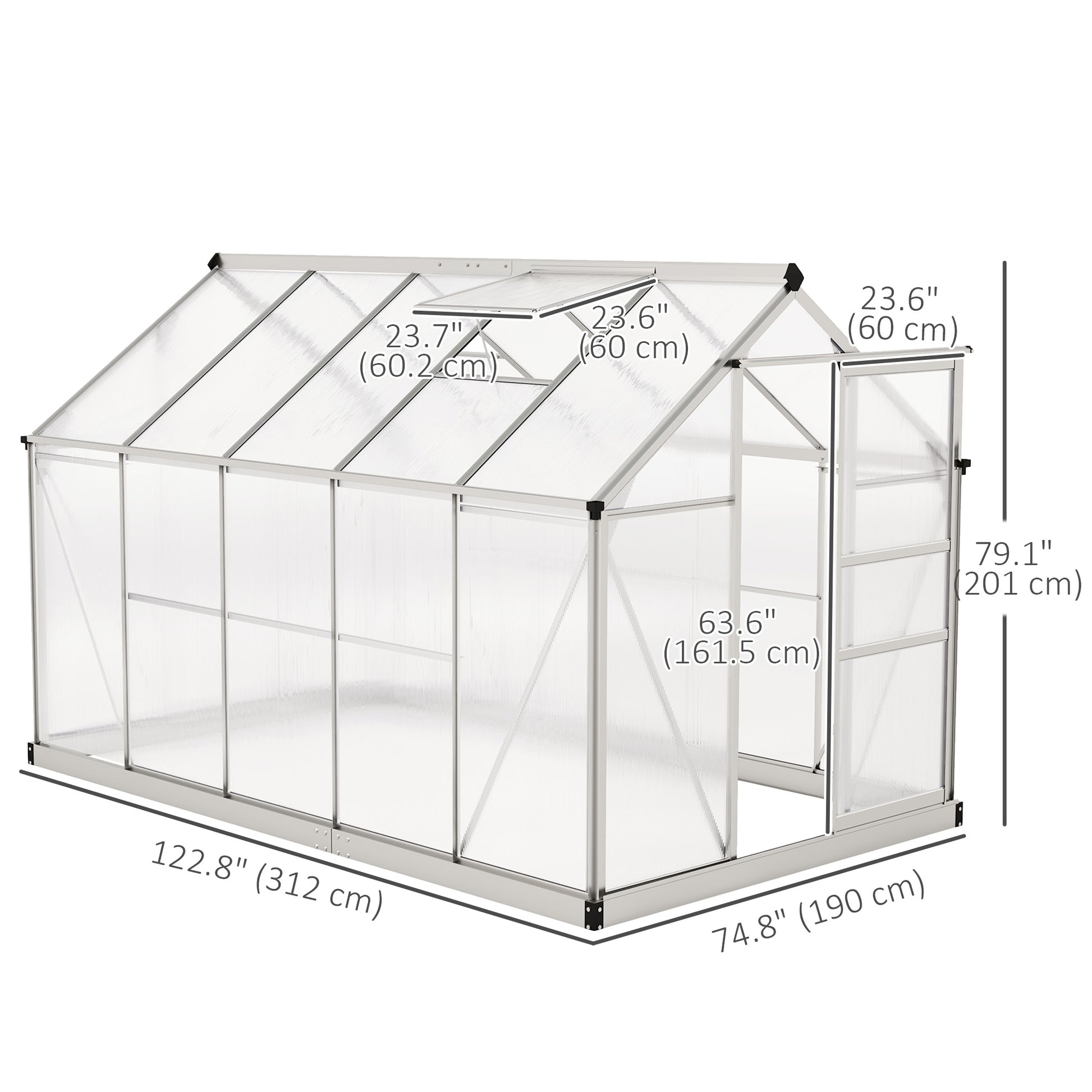 6' x 10' x 6.6' Polycarbonate Greenhouse, Walk-In Green House Kit Garden, Plants Grow, Galvanized Sheet Aluminum Frame with Rain Gutter, Vents and Sliding Door, Sliver