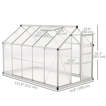 6' x 10' x 6.6' Polycarbonate Greenhouse, Walk-In Green House Kit Garden, Plants Grow, Galvanized Sheet Aluminum Frame with Rain Gutter, Vents and Sliding Door, Sliver