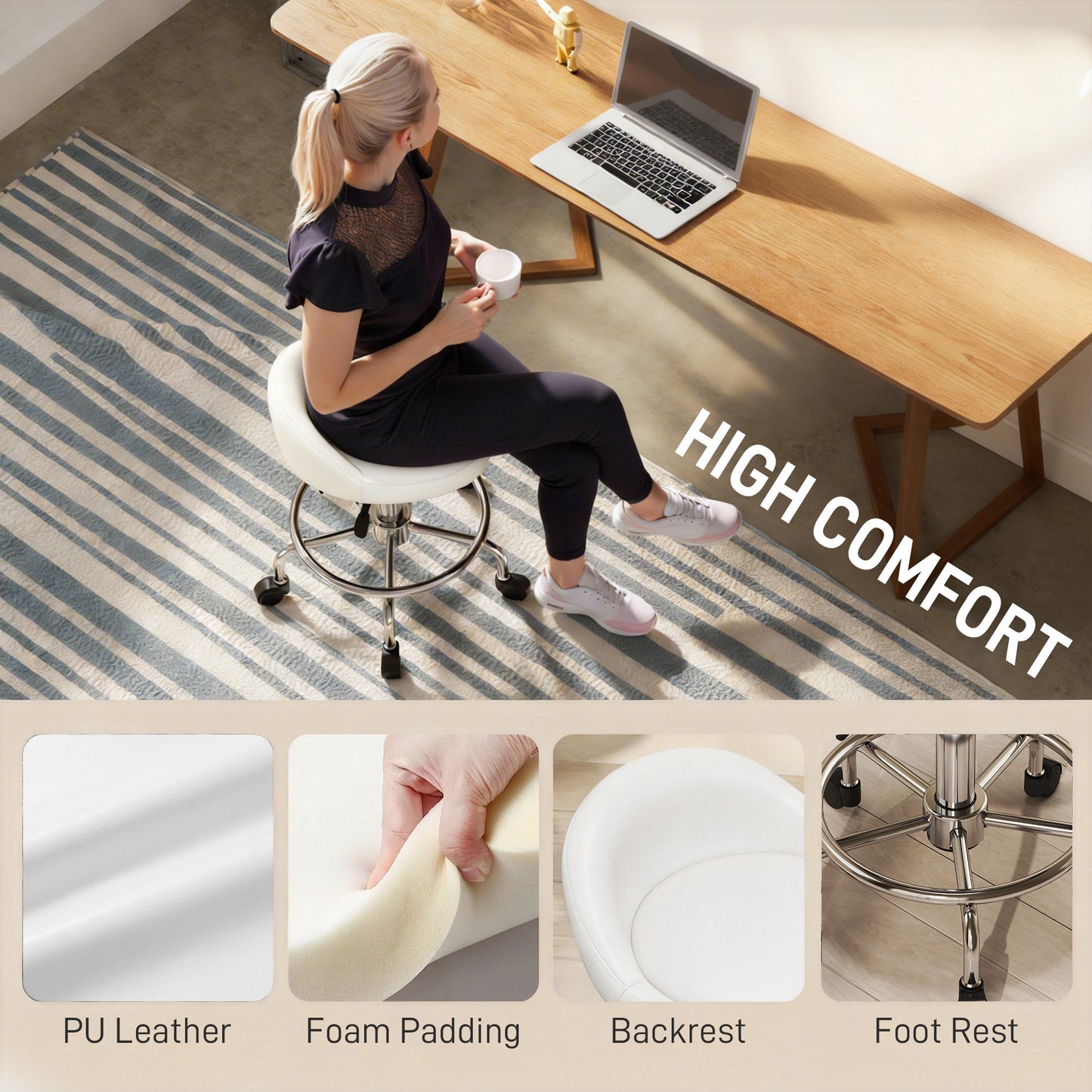 PU Leather Rolling Stool, Height Adjustable Swivel Salon Chair with Backrest and Foot Rest for Spa, Tattoo, White