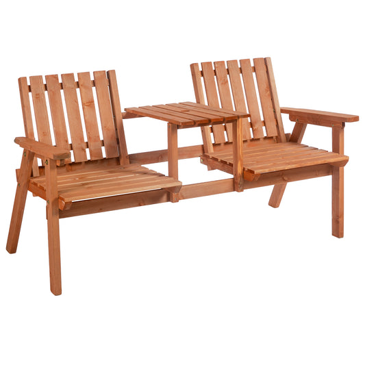 Garden Bench for 2 Persons with Middle Table and Umbrella Hole, 2-Seater Outdoor Wooden Bench with Slat Design, Orange