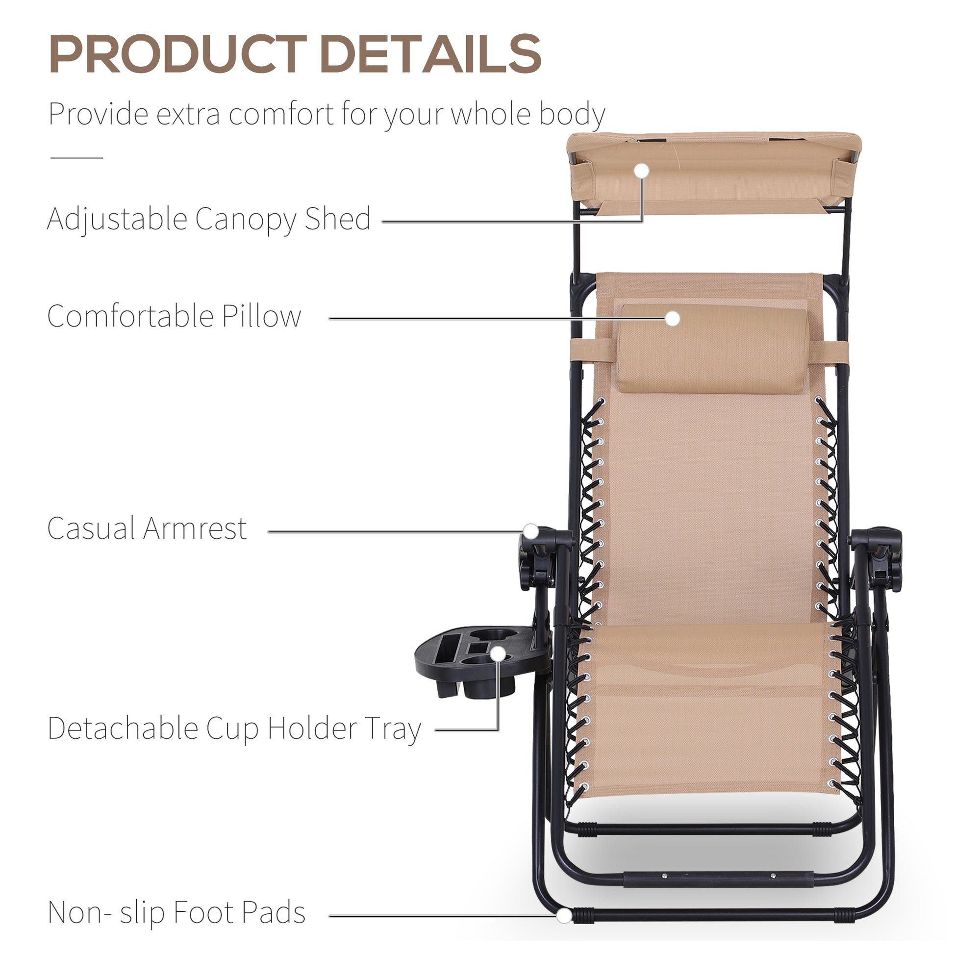 Outdoor Zero Gravity Reclining Lounger Chair with Canopy Shade, Side Tray, Cupholder, Beige