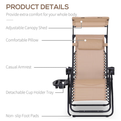 Outdoor Zero Gravity Reclining Lounger Chair with Canopy Shade, Side Tray, Cupholder, Beige