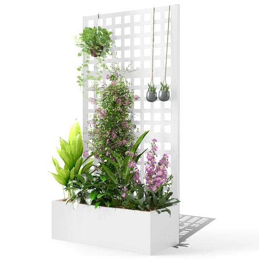 Galvanized Raised Garden Bed Planter Box with Trellis for Climbing Plants, Vegetable, Vines, 35" x 16" x 70", White
