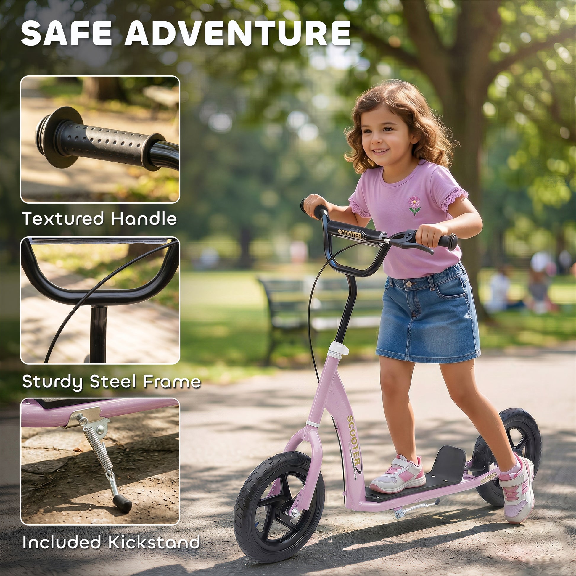 Kids Scooter with 12" EVA Big Tires, Street Bike Bicycle for Teens with Adjustable Height Handle for 5-12 Year Old, Pink