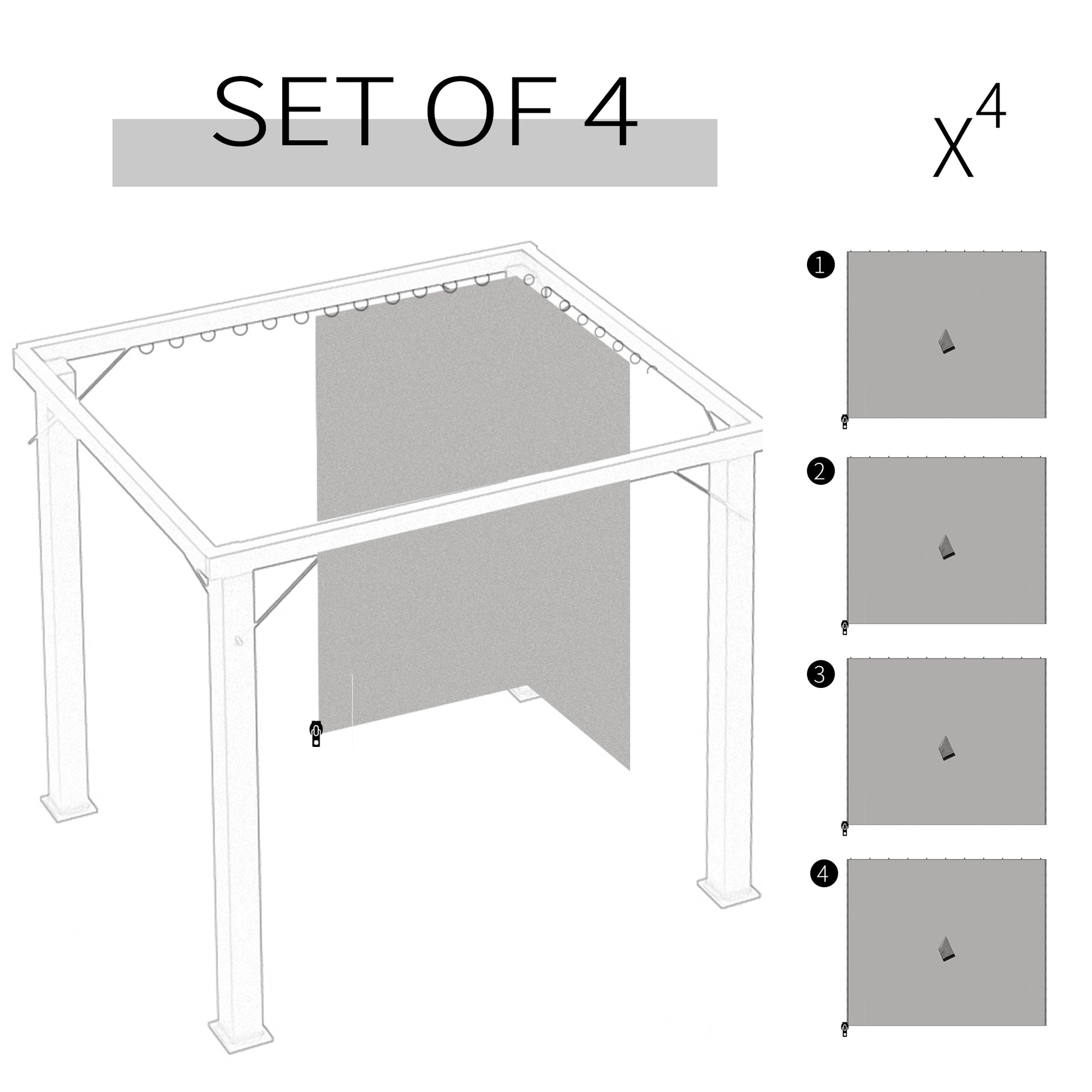 Gazebo Curtains, 10' x 10' Universal Replacement Privacy Curtain, 4-Panels Sidewall with Hooks/C-Rings, Light Grey