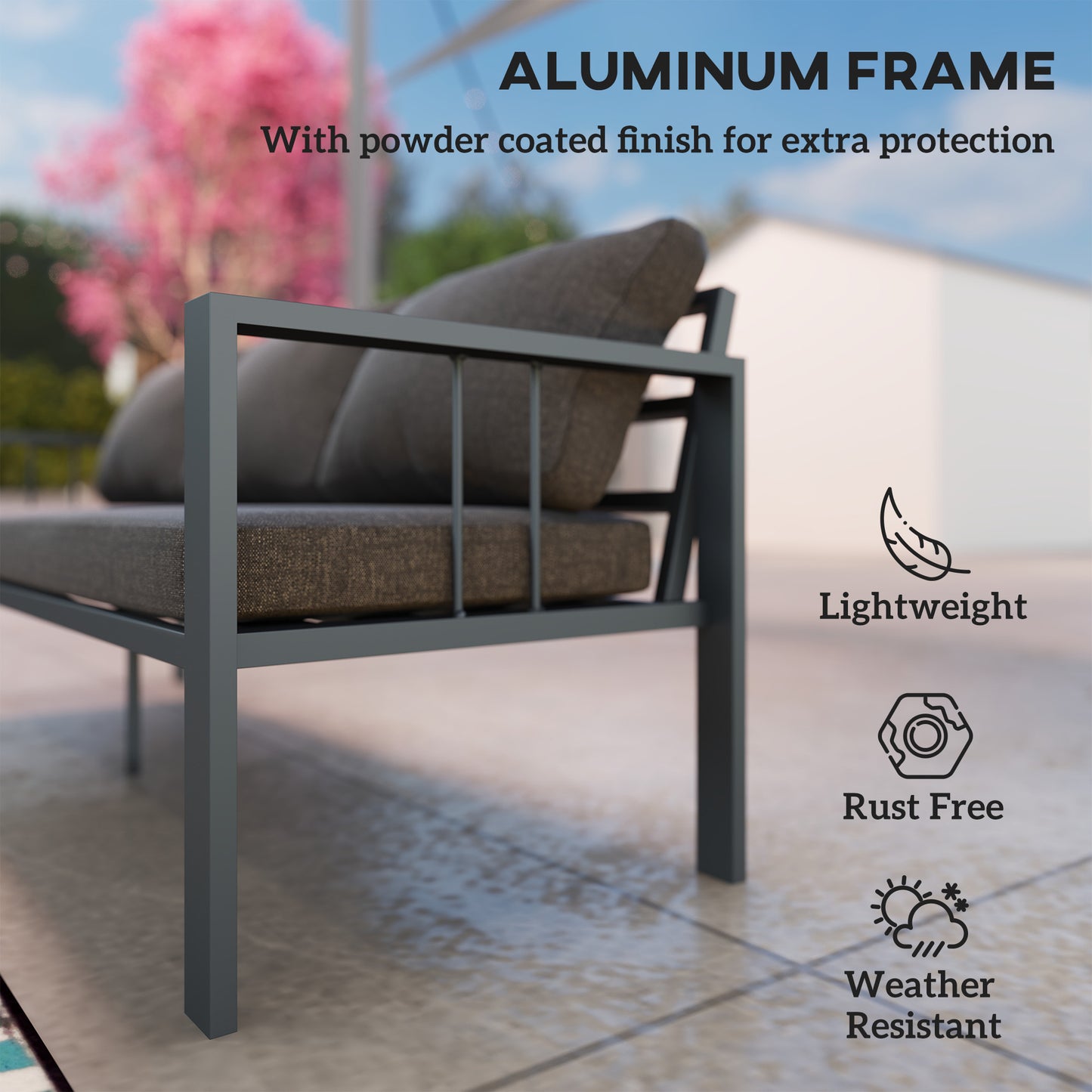 3-Seat Aluminum Outdoor Couch Patio Sofa with Cushions, Wide Seat, Armrests for Garden, Backyard, Balcony, Dark Grey