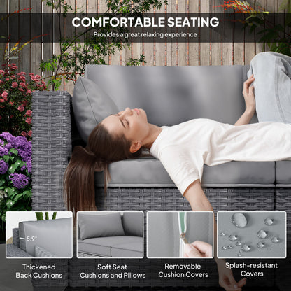 3 Seater Wicker Patio Sofa with Side Trays, Outdoor Couch with 6" Thick Back Cushions, Deep Seating, Grey