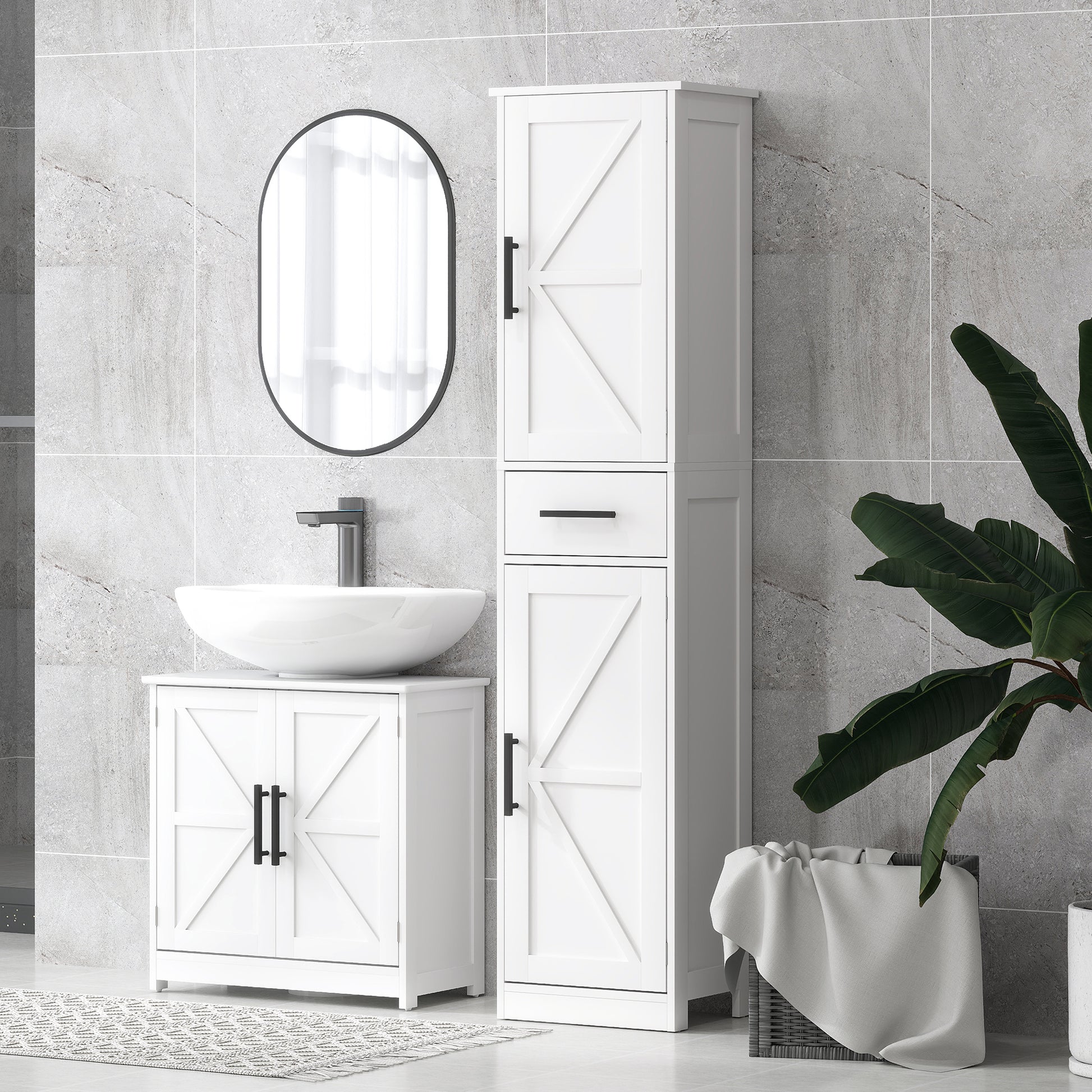 67" Tall Bathroom Cabinet, Narrow Bathroom Storage Cabinet with Drawer, Barn Doors and Adjustable Shelves, White