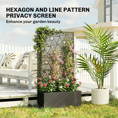 Metal Planter Box with Trellis, 44.5" Tall Raised Garden Bed with Privacy Screen, Hexagon and Line Cut-Out