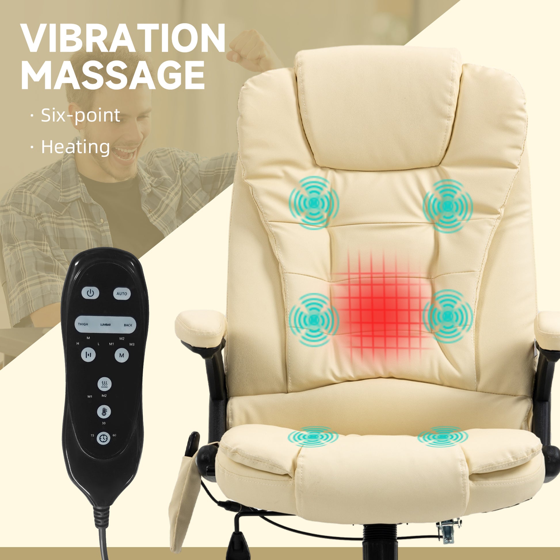Office Chair Adjustable Heated Ergonomic Massage Swivel Vibrating High Back Leather Executive Chair Office Furniture (Beige)