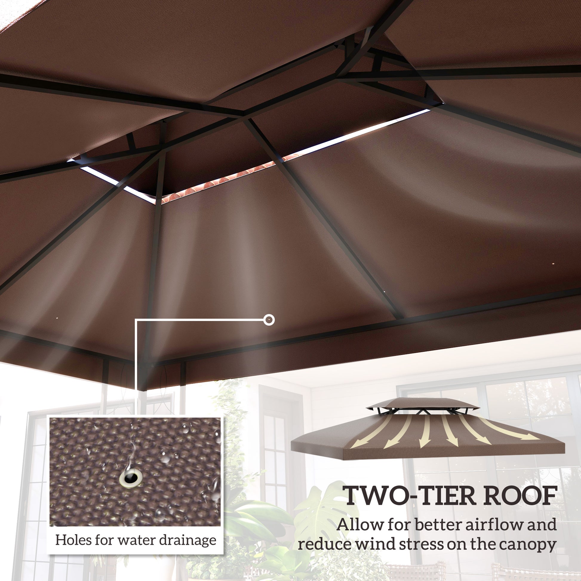 13' x 10' Gazebo Replacement Canopy, 2 Tier Top Roof Garden Pavilion UV Cover, Brown (TOP ONLY)