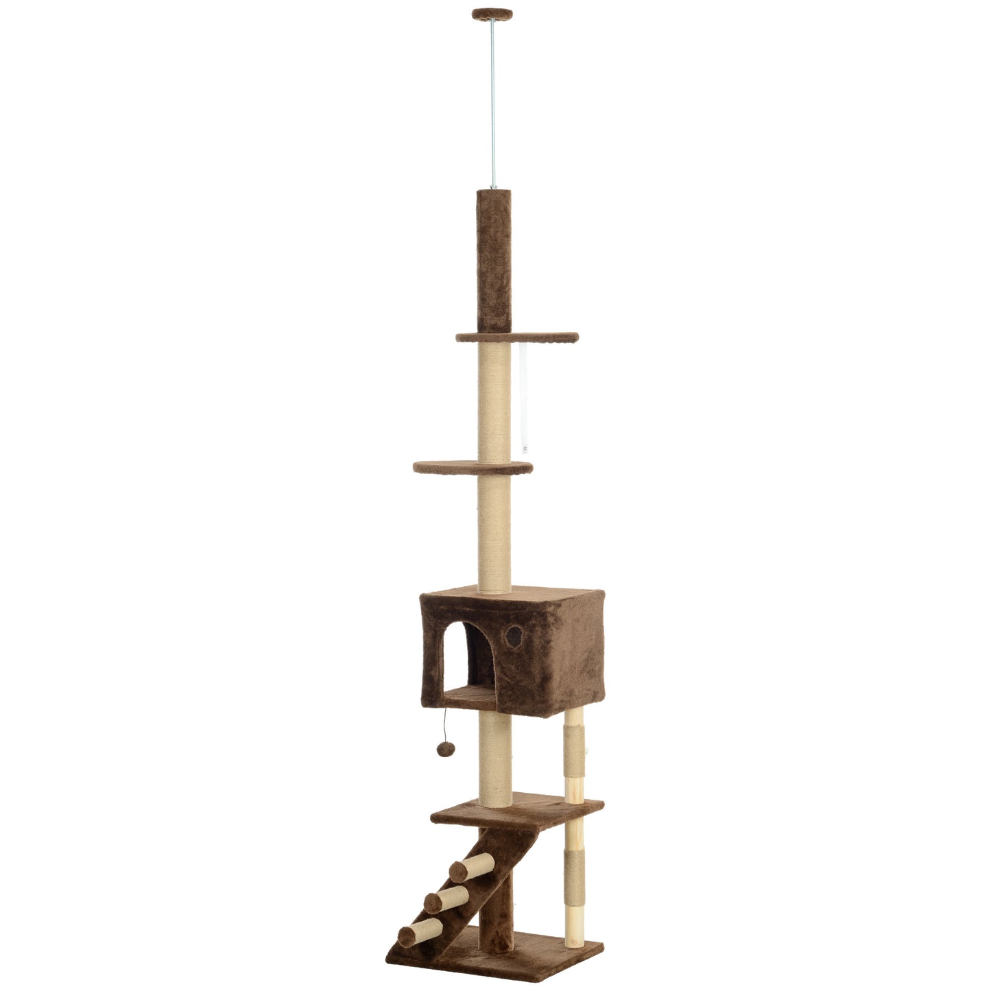 89"-100" Floor to Ceiling Cat Tree with Scratching Post, Cat House, 3-Steps, Hanging Ball, Perches, Anti-tip Kit, Brown