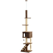 89"-100" Floor to Ceiling Cat Tree with Scratching Post, Cat House, 3-Steps, Hanging Ball, Perches, Anti-tip Kit, Brown