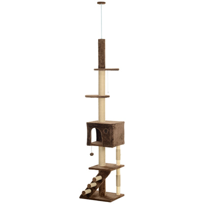 89"-100" Floor to Ceiling Cat Tree with Scratching Post, Cat House, 3-Steps, Hanging Ball, Perches, Anti-tip Kit, Brown
