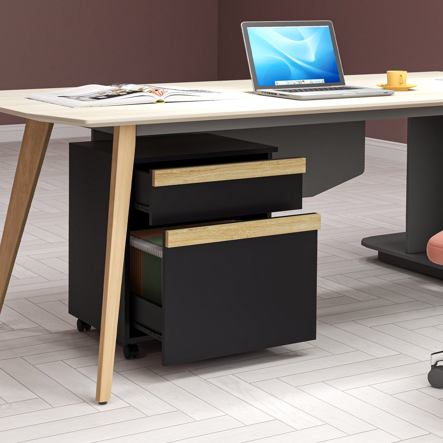 Mobile Filing Cabinet with 2 Drawers, Office Storage Cabinet with 5 Wheels, Black Wood Grain