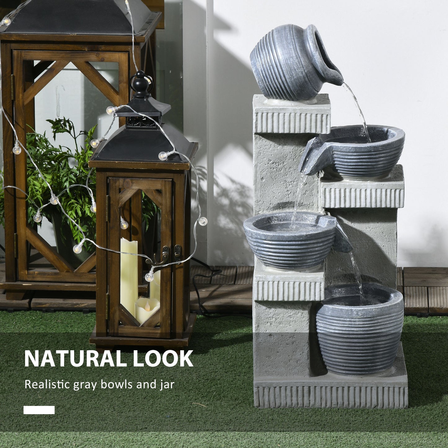 4-Tiered Outdoor Jar and Bowls Water Fountain with LED Lights, Adjustable Flow, 26.4-inch Resin Waterfall Fountain