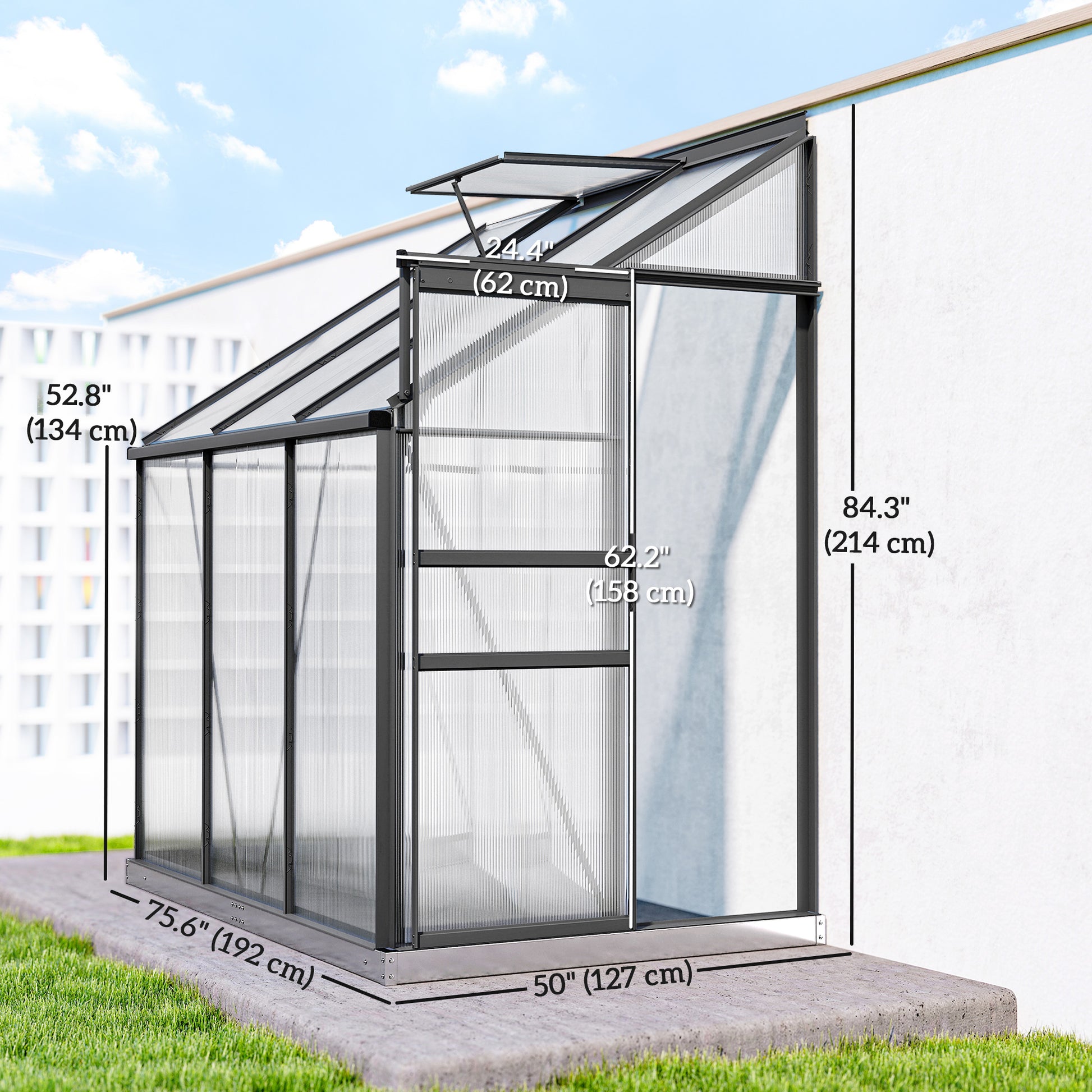 6' x 4' Aluminum Lean-to Greenhouse Polycarbonate Walk-in Greenhouse with Rain Gutter and Sliding Door, Dark Grey
