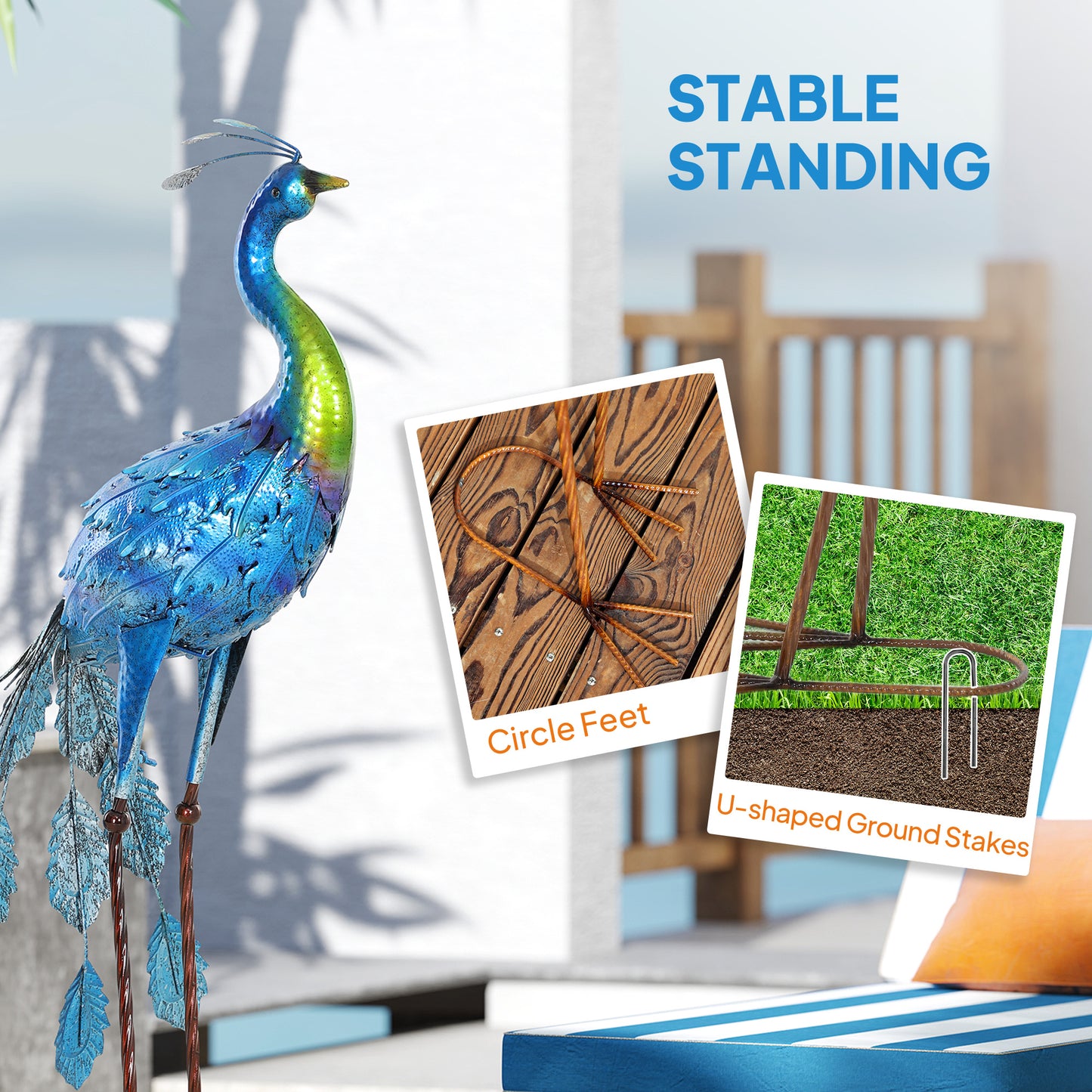 Peacock Garden Statue, 32.7" Standing Lawn Ornament Bird Statue with Stakes for Lawn Navy Blue