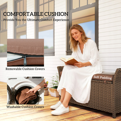 2-In-1 Outdoor Storage Bench, 29 Gallon Wicker Deck Box with Handles and Cushion, Tan