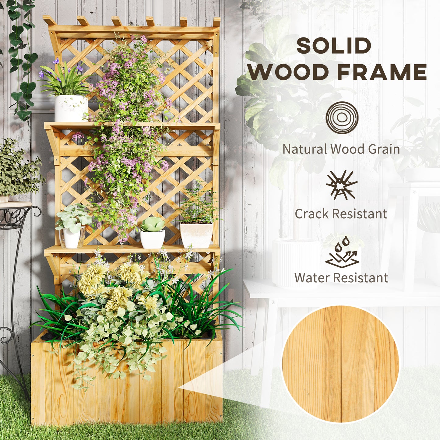 Raised Garden Bed, Wooden Planter with Trellis, Hanging Roof, Plant Shelf, Drainage Holes and Bed Liner, Nature Wood