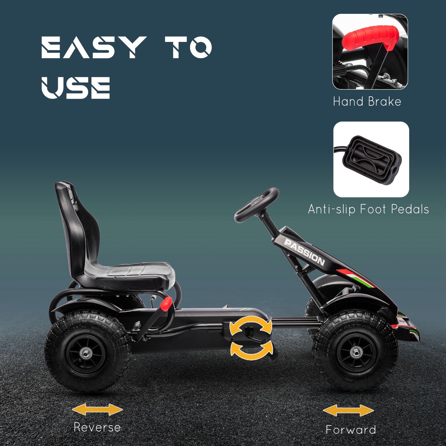 Aosom Pedal Go Kart for Kids, Pedal Car with Adjustable Bucket, Handbrake, 4 Rubber Wheels Powered Ride, Black