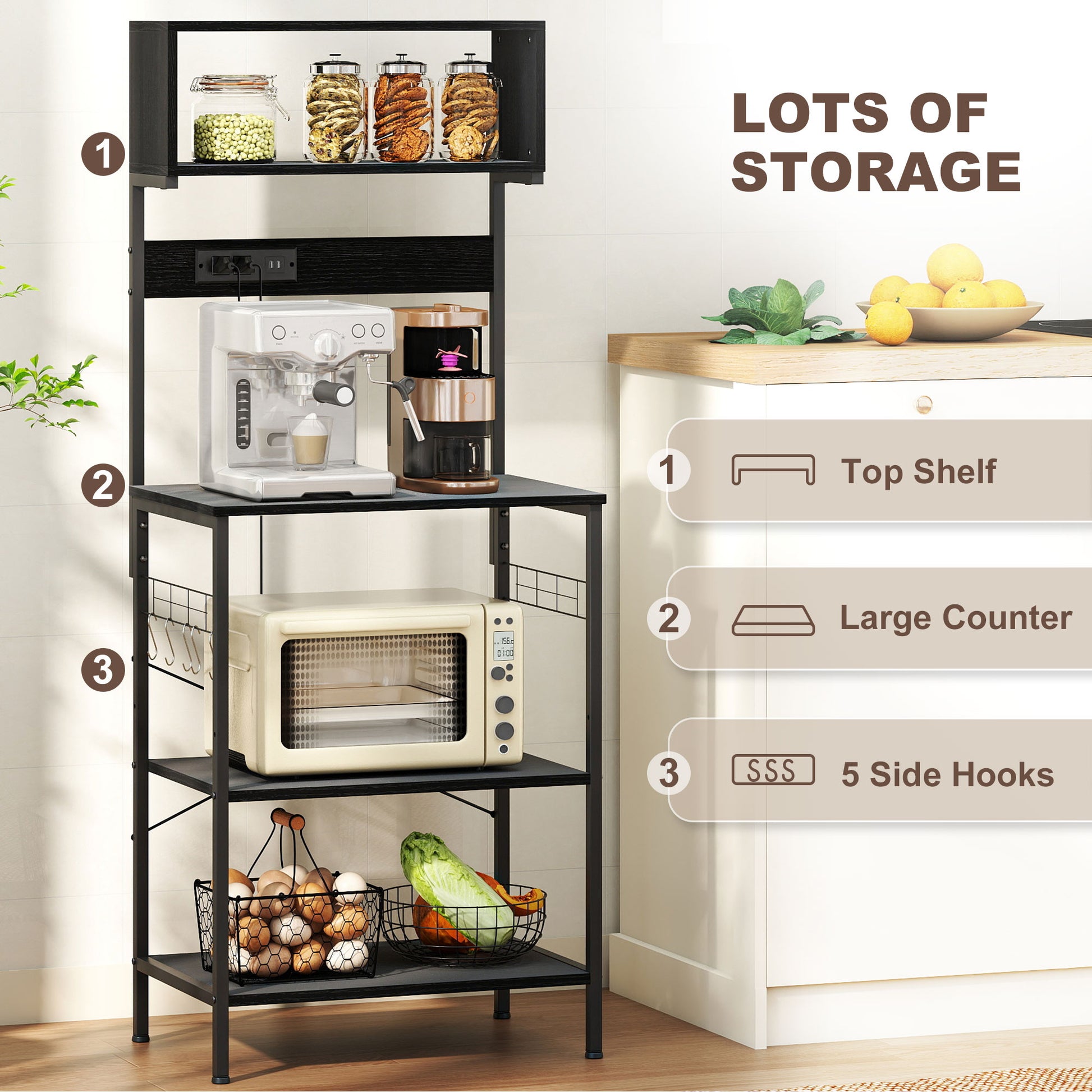 Baker's Rack with Charing Station, Microwave Shelf with Power Outlet, USB Charger and 5 Hooks, Black
