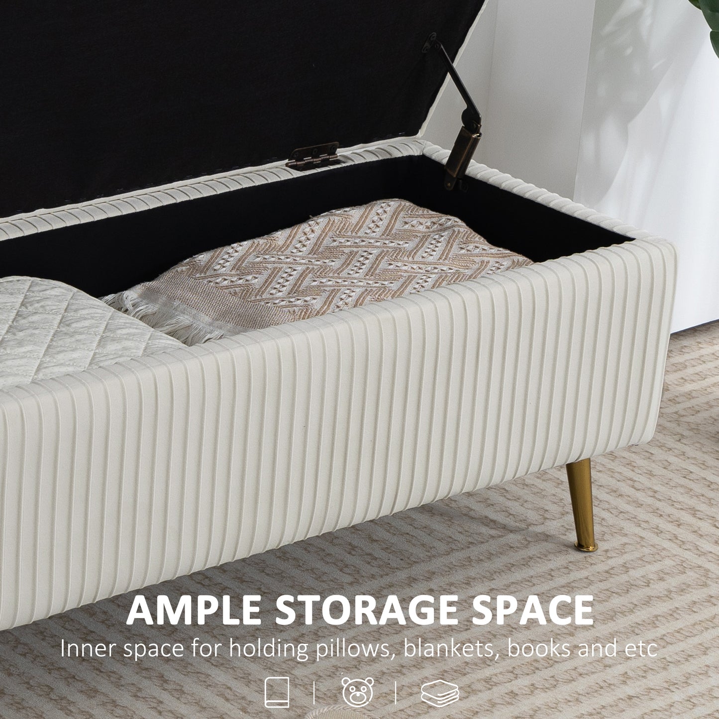 Storage Ottoman Bench, 43 Inch Large Storage Chest with Steel Legs and Padded Seat, Foot Rest, Load 485 lbs, Beige