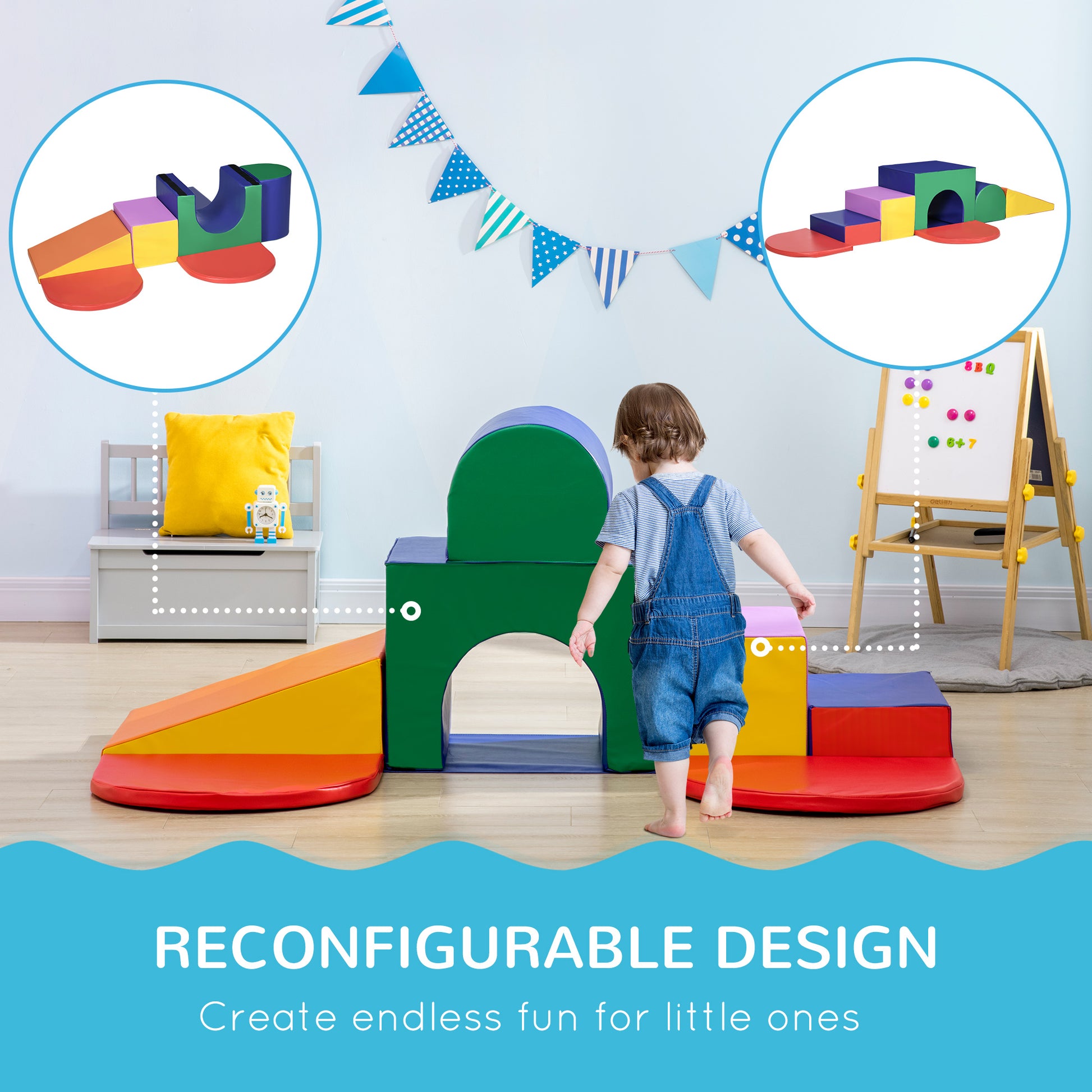 Qaba 7-piece Soft Play, Foam Climbing Blocks for Toddlers, Kids' Educational Climbing Crawling Toys, Kids Foam Play Set Stairs and Ramp, Multicolored