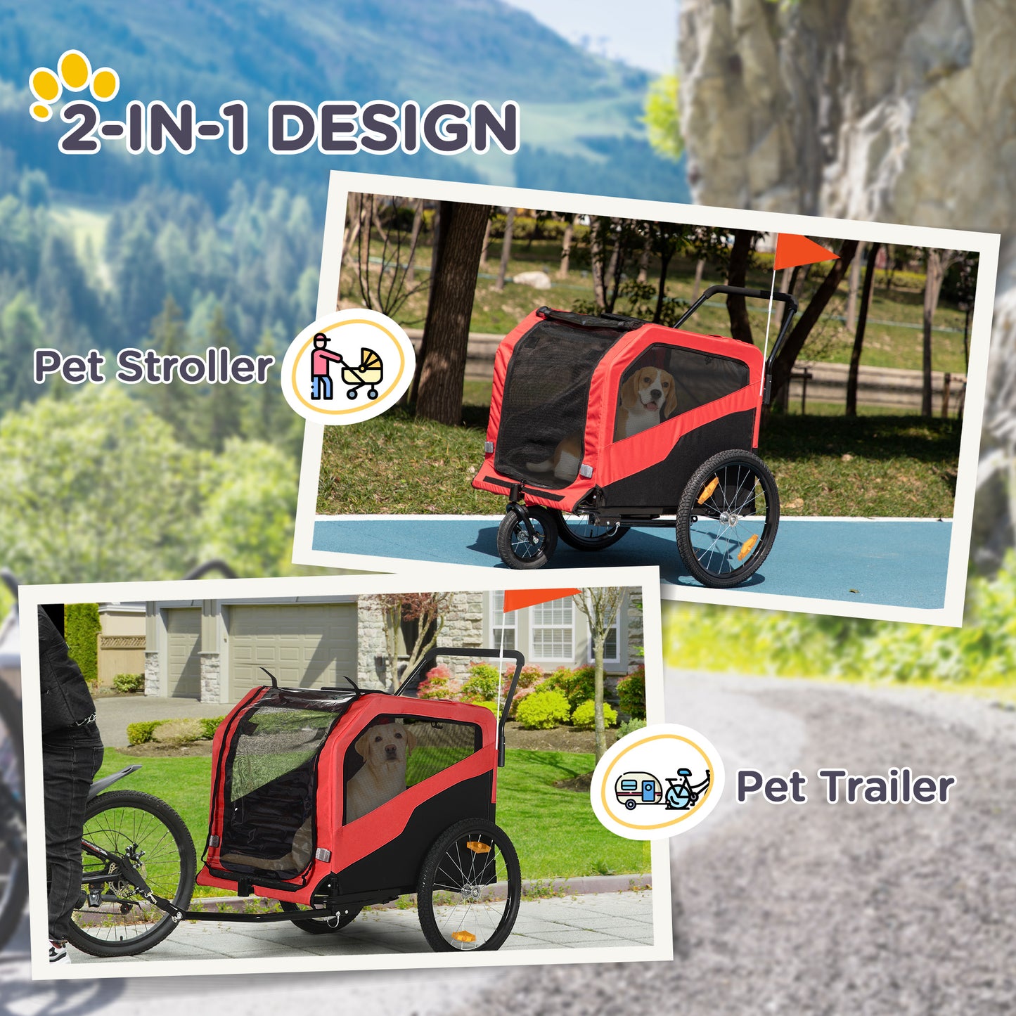 Aosom 2-in-1 Dog Bike Trailer for Large Dogs, Red