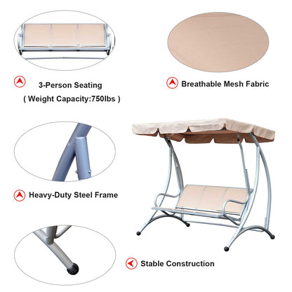 3 Seat Metal Swing Chair Hammock w/ Canopy Cover Heavy Duty Patio Garden Outdoor Beige