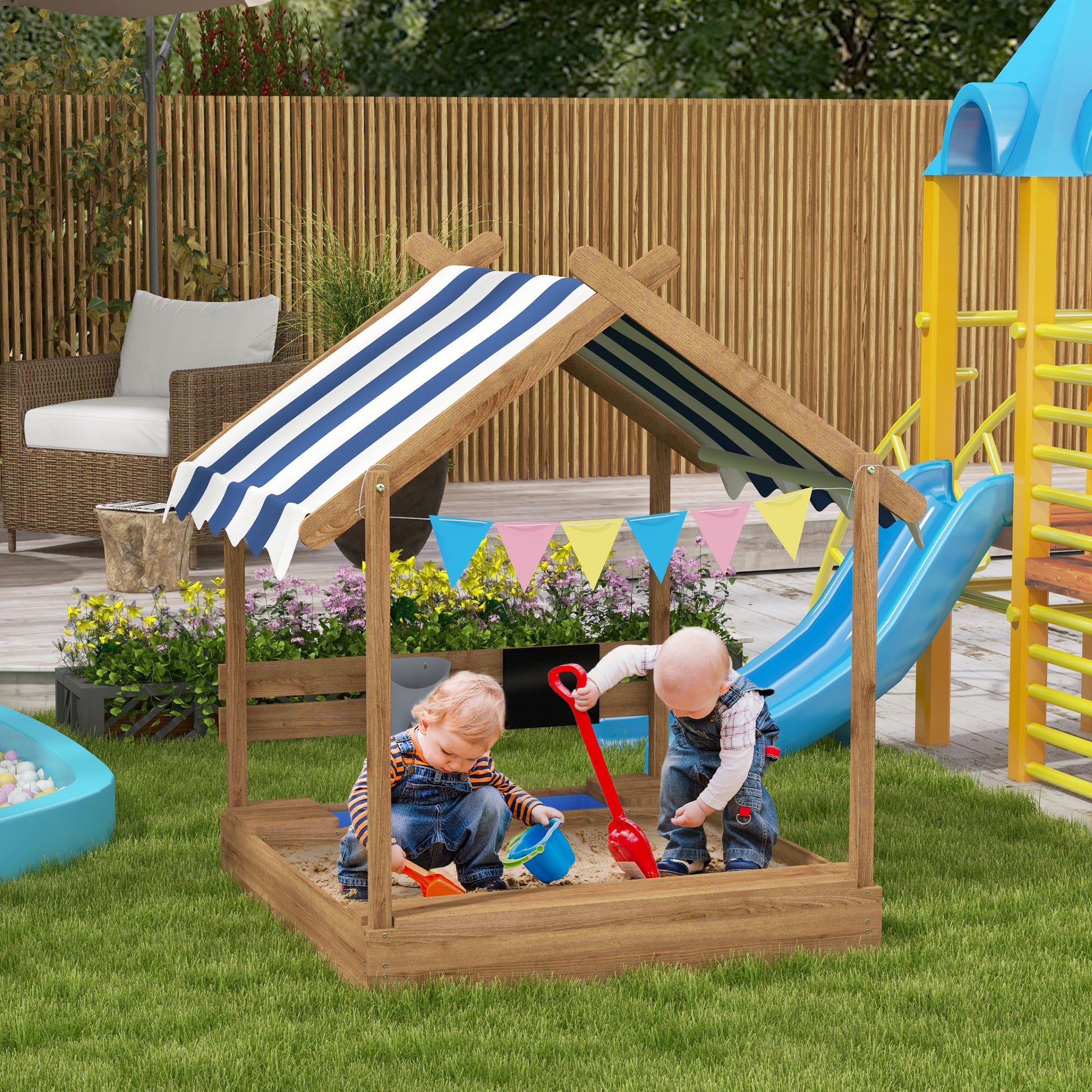 Outdoor Wooden Sandbox with Cover for 3-7 Years Old, Backyard, Brown