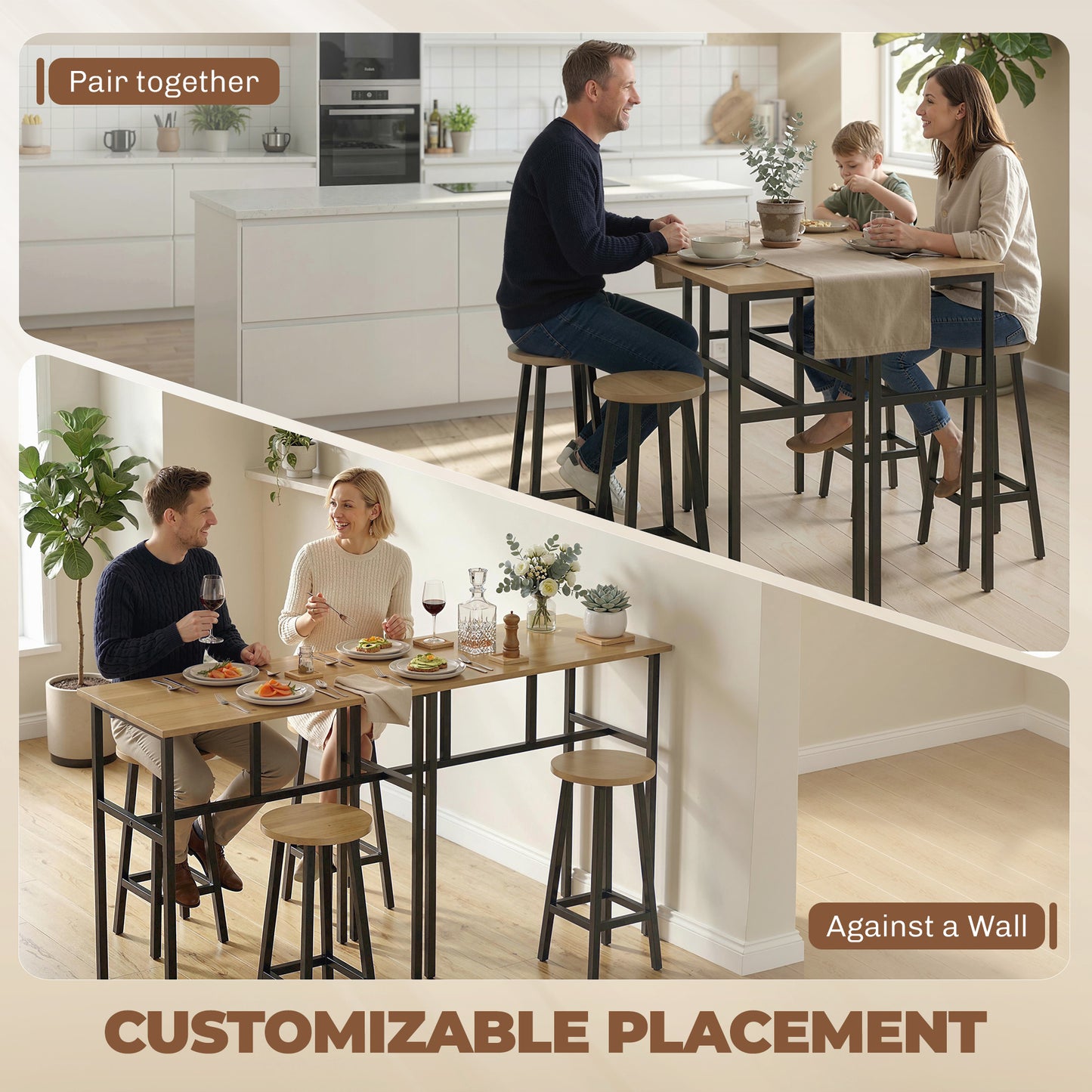 Bar Table Set of 6, Bar Table and Stools for 4, 2 Breakfast Tables and 4 Stools for Living Room, Grey-Brown