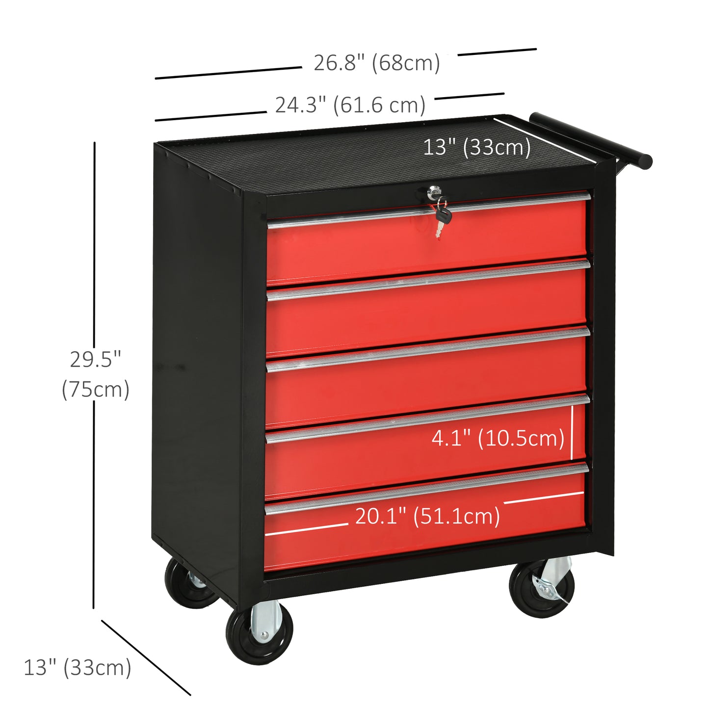 5 Drawer Roller Tool Chest, Lockable Toolbox, Storage Organizer with Handle for Workshop Mechanics Garage, Black and Red