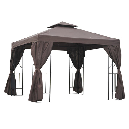 10' x 10' Patio Gazebo Outdoor, Canopy Shelter with Double-tier Roof, Pavilion Sidewalls for Garden Events, Brown