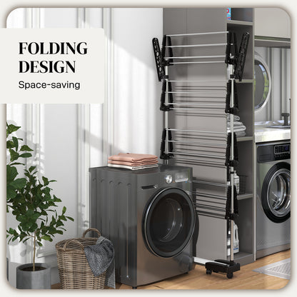 Garment Drying Rack Stainless Steel Folding Clothes Hanging Rack with Side Wings Castors for Indoor Outdoor Black