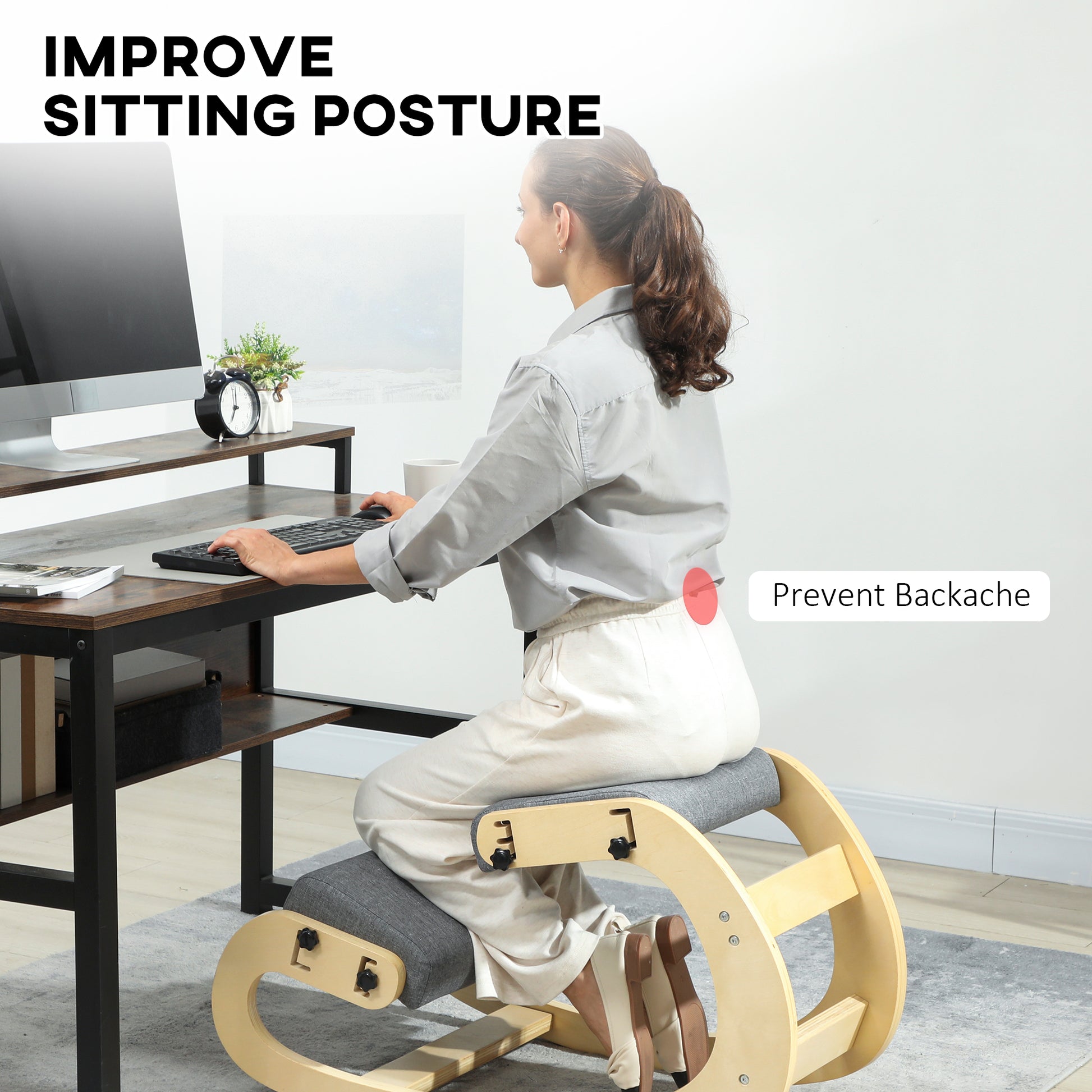 Ergonomic Kneeling Chair, Adjustable Rocking Wood Kneeling Stool, Desk Chair, Improve Posture, Grey
