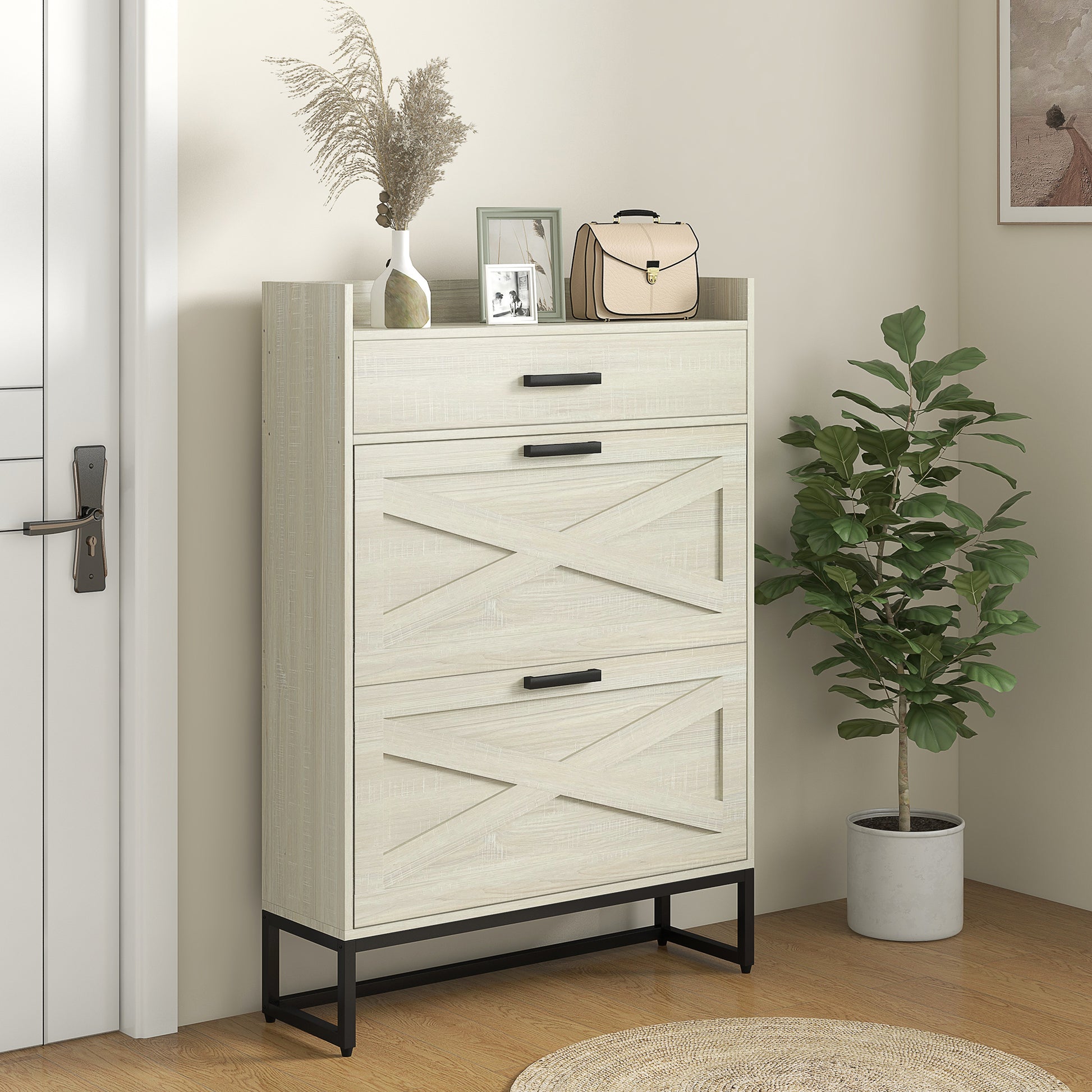 Slim Shoe Storage with 2 Flip Drawers and Adjustable Shelves Shoe Cabinet Organizer for 12 Pair, Distressed White