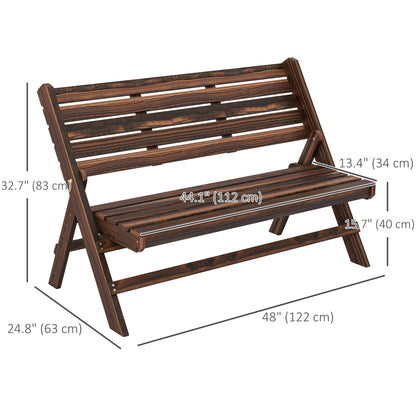 2-Seater Wooden Outdoor Bench, Foldable Garden Bench with Slatted Backrest and Seat, Patio Loveseat, Carbonised Finish