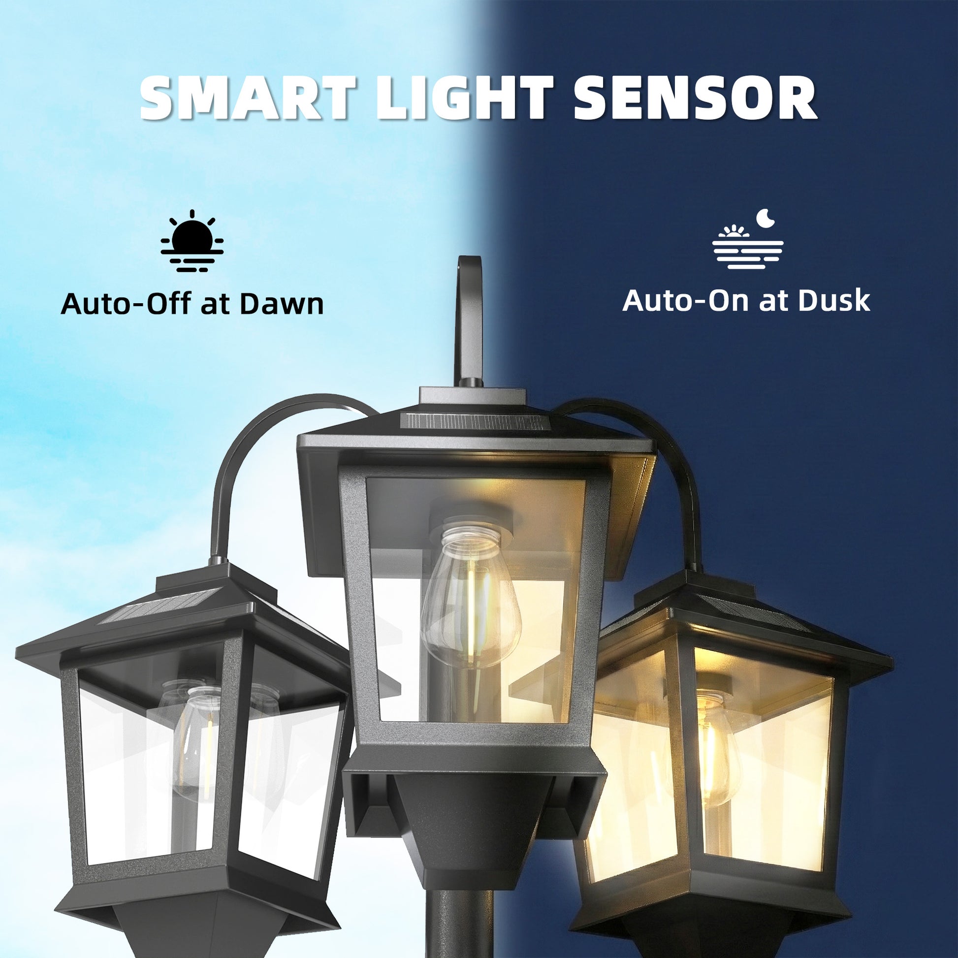 74" 3-Head Solar Lamp Post Light, Waterproof LED Solar Light Posts with Automatic Dusk-to-Dawn Sensor, IP44 Waterproof