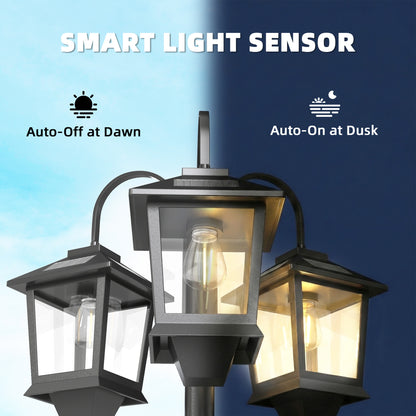 74" 3-Head Solar Lamp Post Light, Waterproof LED Solar Light Posts with Automatic Dusk-to-Dawn Sensor, IP44 Waterproof