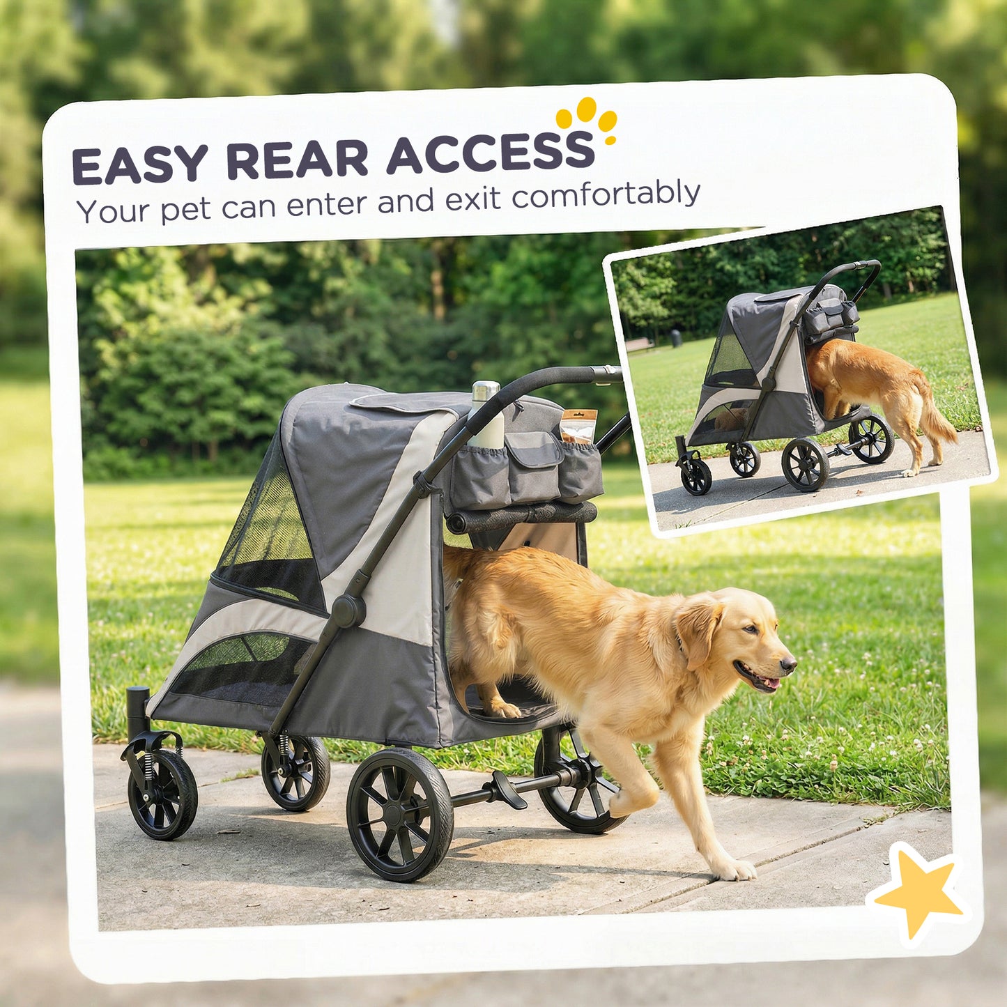 Foldable Pet Stroller for Large Dogs with Four Big Wheels, Shock-Absorbing Frame, Safety Leashes, Brakes, Dark Grey