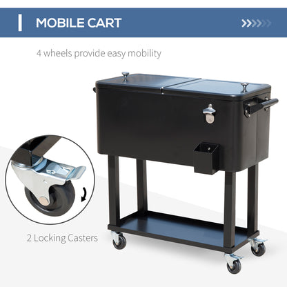 80 Quart Rolling Cooler Cart Portable Patio Ice Beer Beverage Cooling Bin for Outdoor Party w/ Bottle Opener & Storage Shelf Black
