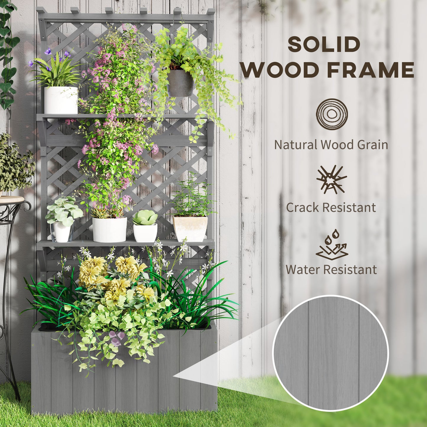 Raised Garden Bed, Wooden Planter with Trellis, Hanging Roof, Plant Shelf, Drainage Holes and Bed Liner, Grey