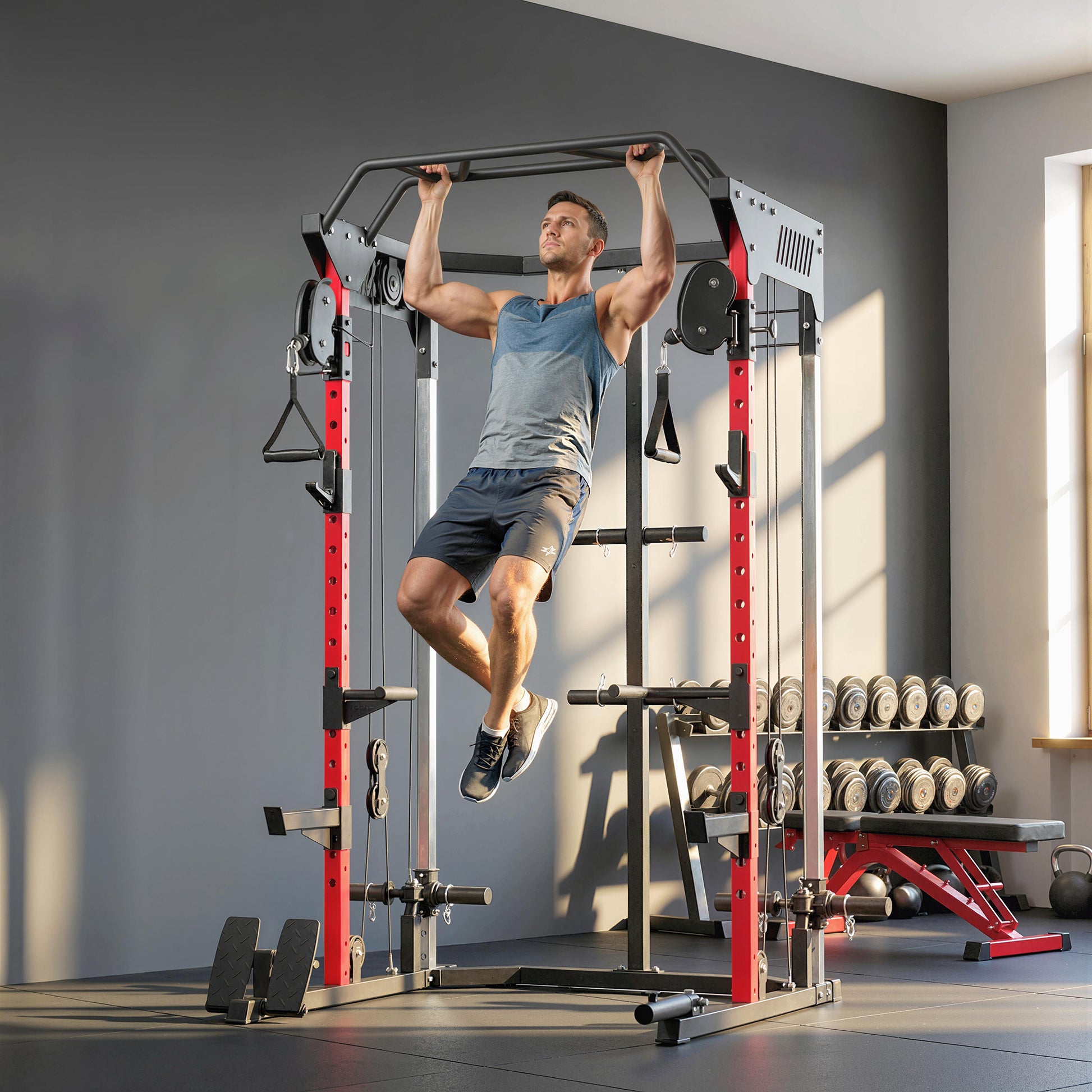 Soozier Power Cage, Power Rack with Adjustable Cable Pulley System, Pull-Up Bar, Dip Station, Landmine