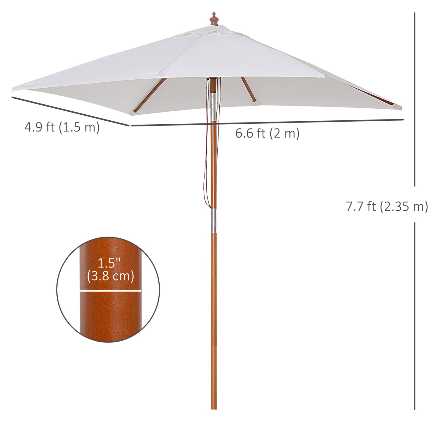 6.6x5ft Fir Wooden Patio Umbrella Square Market Parasol Tilt Mechanism 6 Ribs Garden Sunshade, Cream White